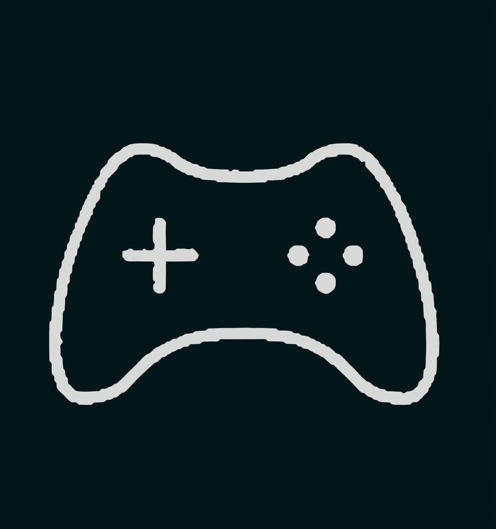 Schwarz-weißer Umriss eines Videospiel-Controllers mit Richtungskreuz links und vier Tasten rechts.